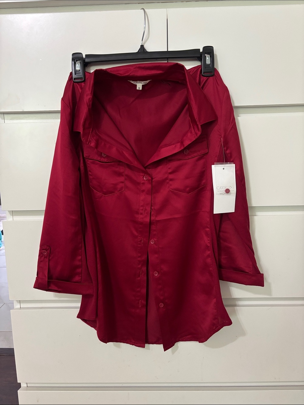 Cavalini Burgundy Satin Button-Down Shirt